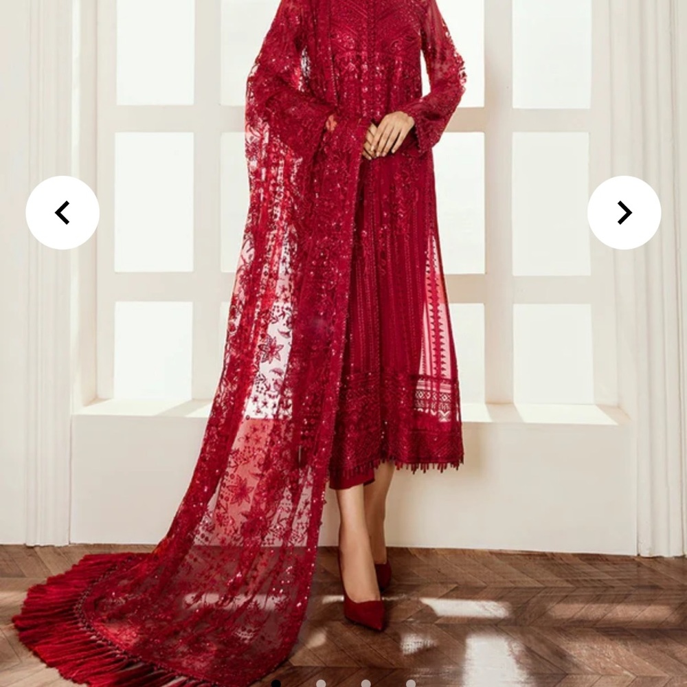 Elegant Red Embroidered Dress with Long Sheer Cape from Baroque